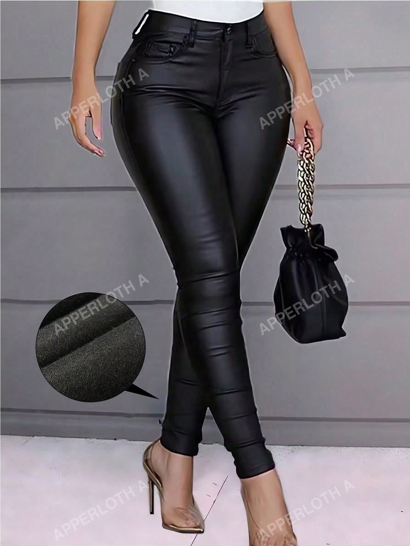 Apperloth A High Waist Thermal Lined PU Leather Skinny Cropped Pants