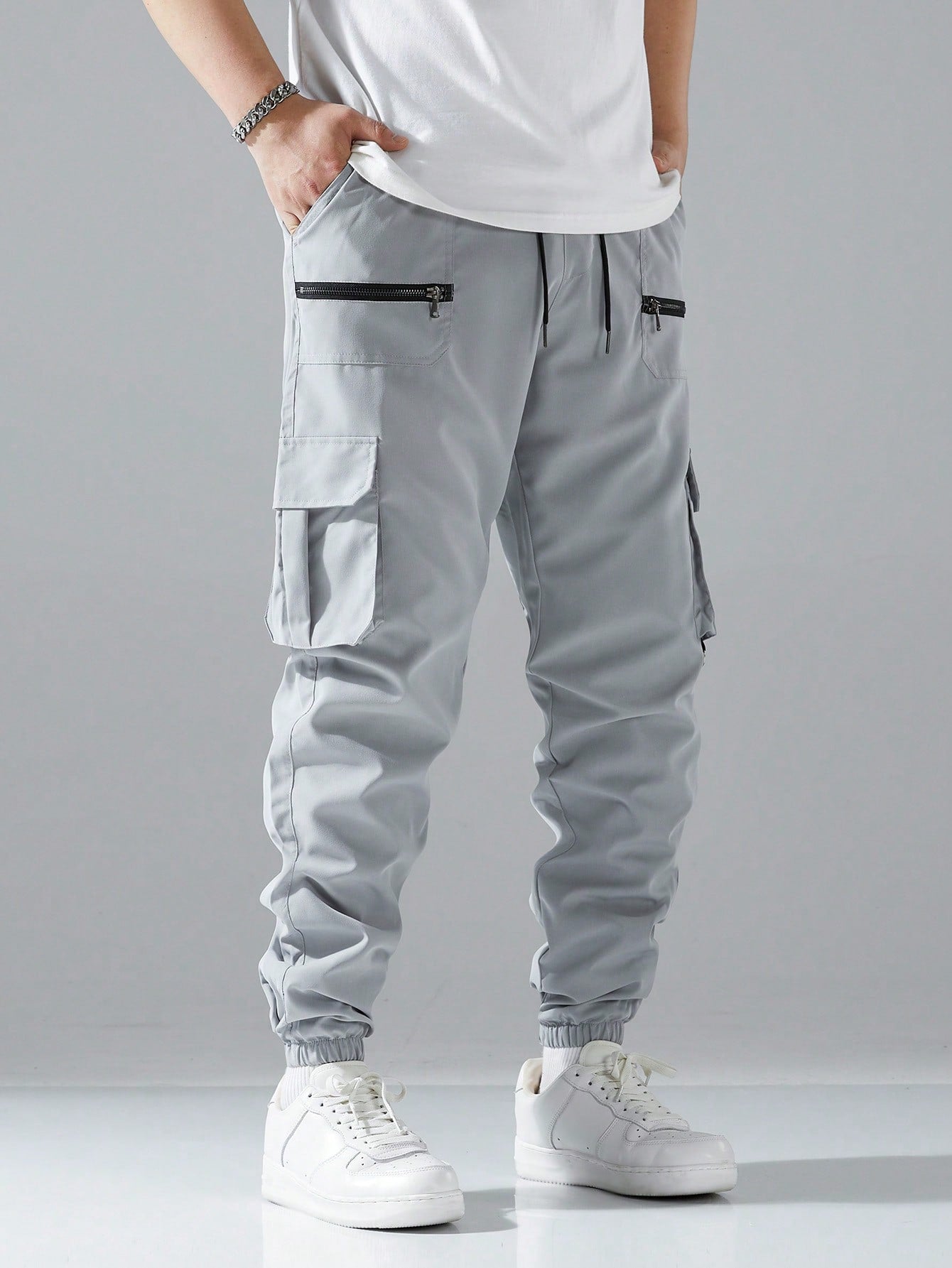 Manfinity Loose Fit Men Cargo Pants With Flap Pockets, Drawstring Waist, And Side Pockets