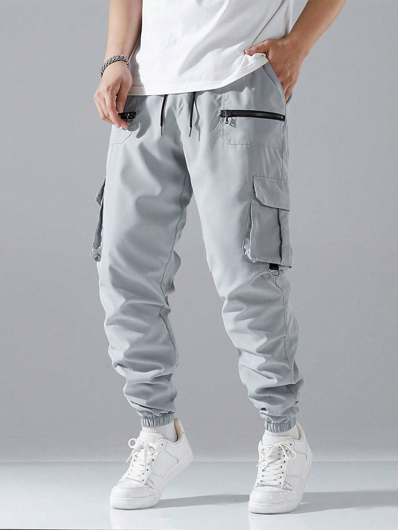 Manfinity Loose Fit Men Cargo Pants With Flap Pockets, Drawstring Waist, And Side Pockets