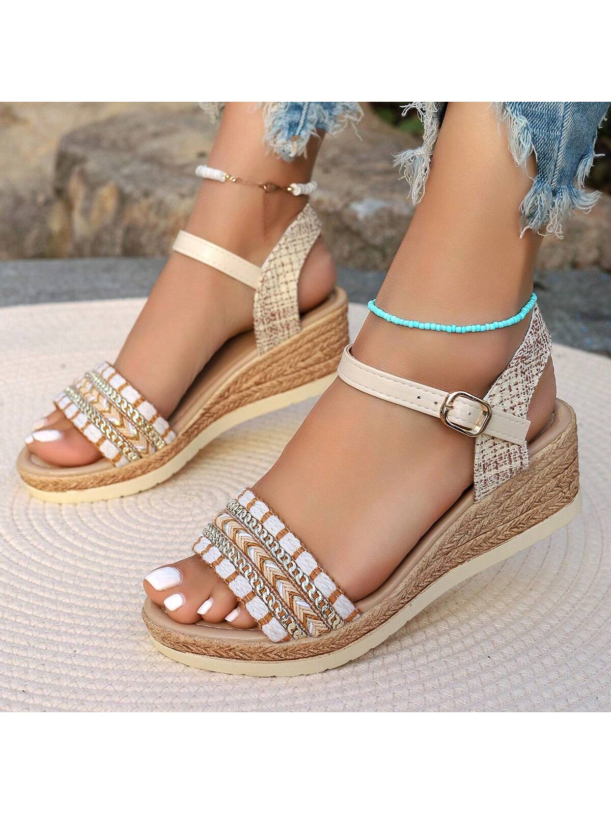 2024 New Arrival Women's White Wedge Sandals, Waterproof Platform Fashionable Slipper For Outdoor Activities, Open Toe Thick Heel Beach Shoes With Ankle Strap, Flat Sole