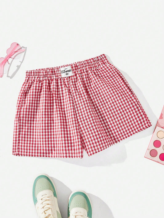 EZwear Summer Plaid Print Patch Detail Baggy Shorts