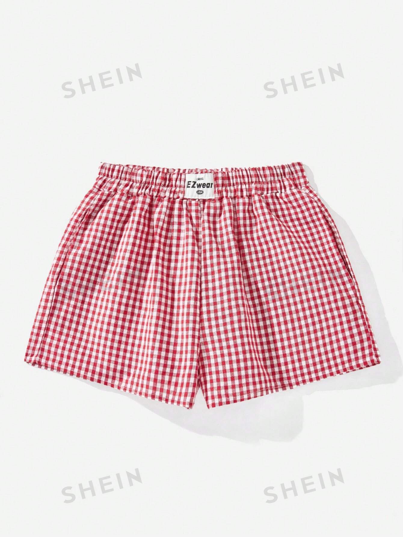 EZwear Summer Plaid Print Patch Detail Baggy Shorts