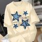 Comfortcana Oversized Women's Five-Pointed Star Print Round Neck Short Sleeve T-Shirt, Loose Fit Casual Pullover Top, Summer, Cotton Blend