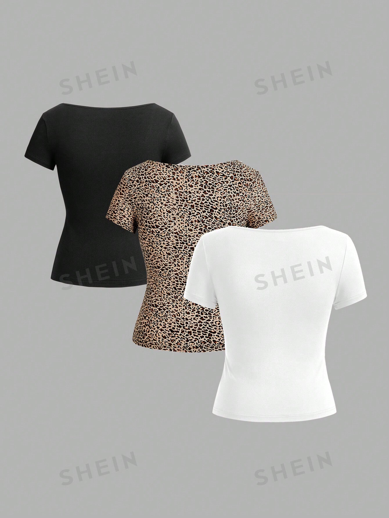 EZwear 3pcs Women Leopard Print Crew Neck Short Sleeve Cropped Fitted Casual T-Shirts, Summer