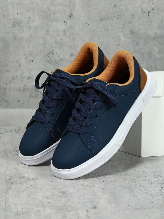 Men's Vintage Multicolor Casual Comfortable Sneakers With Dark Blue And Brown, Trendy For Business And Walking Commute