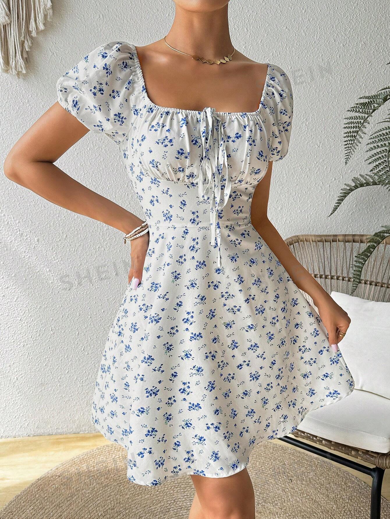 Frenchy Square Neck Floral Tie-Waist Midi Dress