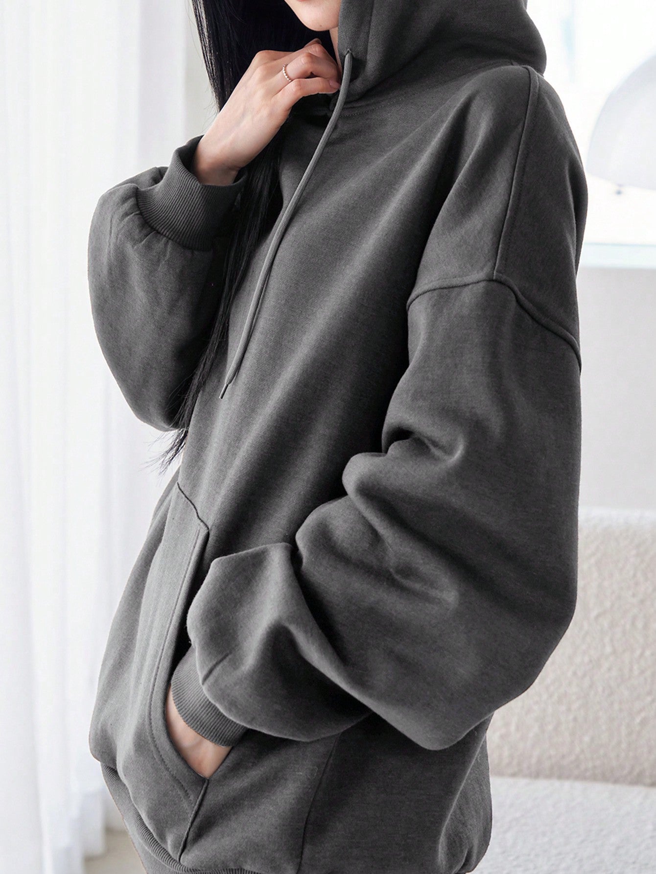 Dazy-Less Kangaroo Pocket Drop Shoulder Drawstring Hoodie