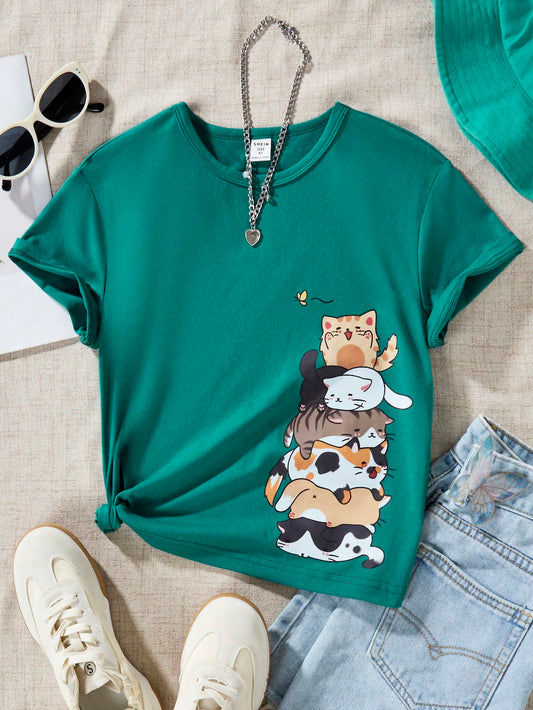 Tween Girl Summer Cartoon Cat Printed Round-Neck Casual Short-Sleeve T-Shirt