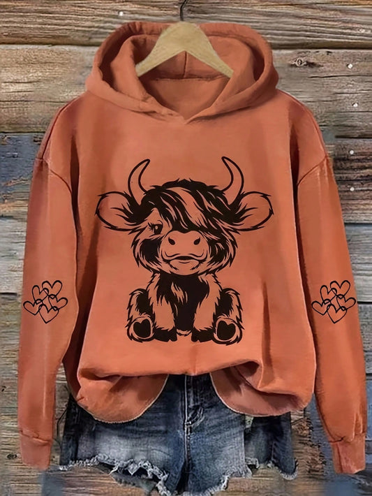 LUNE Women Spring And Autumn Cartoon Cow Print Drop Shoulder Long Sleeve Hooded Loose Casual Sweatshirt