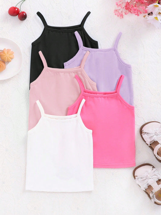 Tween Girl 5pcs Solid Color Comfortable Tank Tops, Casual And Simple Style