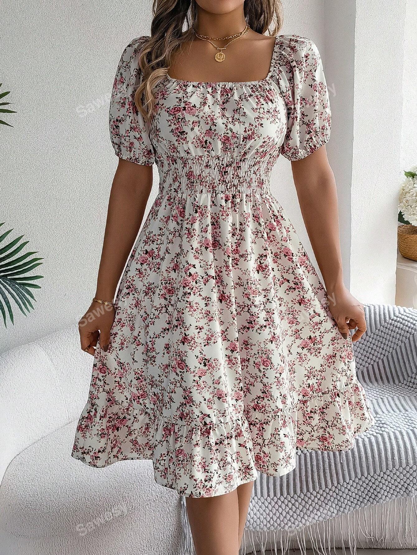 Women's Vacation Ditsy Floral Puff Sleeve Drawstring Waist Short Sleeve Mini Dress, Casual/Holiday Style, Spring/Summer