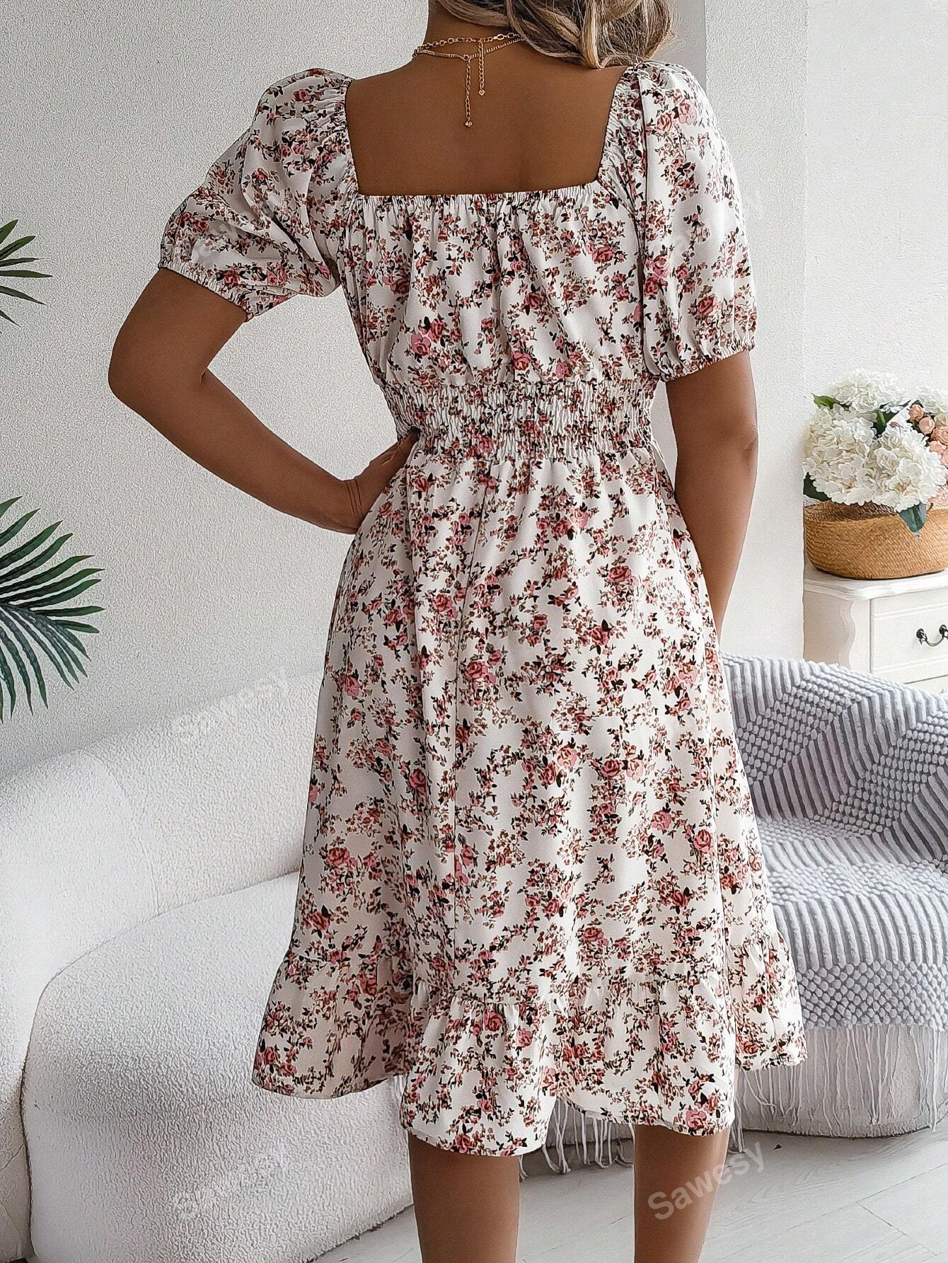 Women's Vacation Ditsy Floral Puff Sleeve Drawstring Waist Short Sleeve Mini Dress, Casual/Holiday Style, Spring/Summer