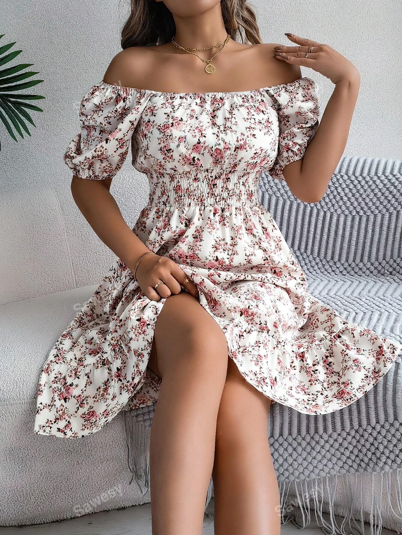 Women's Vacation Ditsy Floral Puff Sleeve Drawstring Waist Short Sleeve Mini Dress, Casual/Holiday Style, Spring/Summer