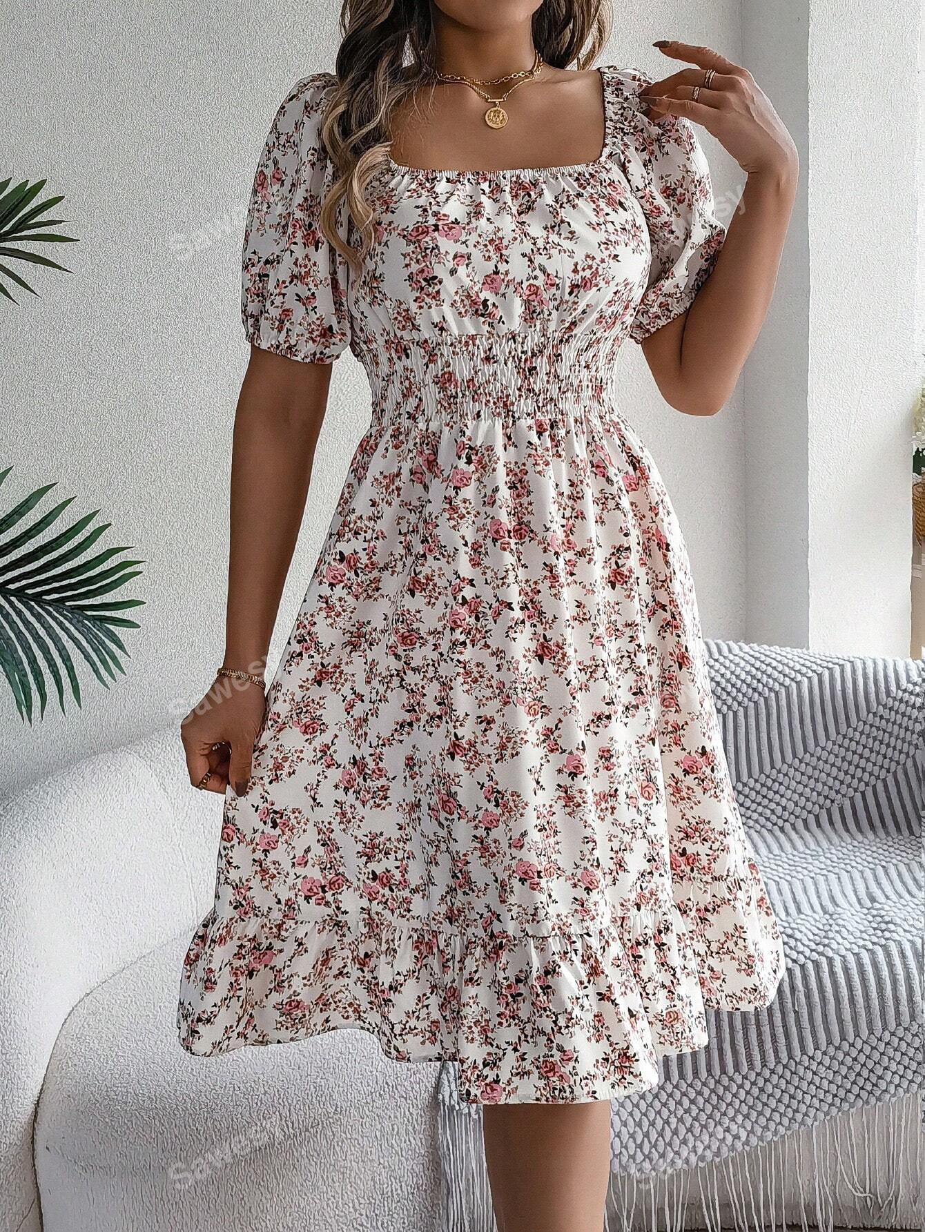 Women's Vacation Ditsy Floral Puff Sleeve Drawstring Waist Short Sleeve Mini Dress, Casual/Holiday Style, Spring/Summer