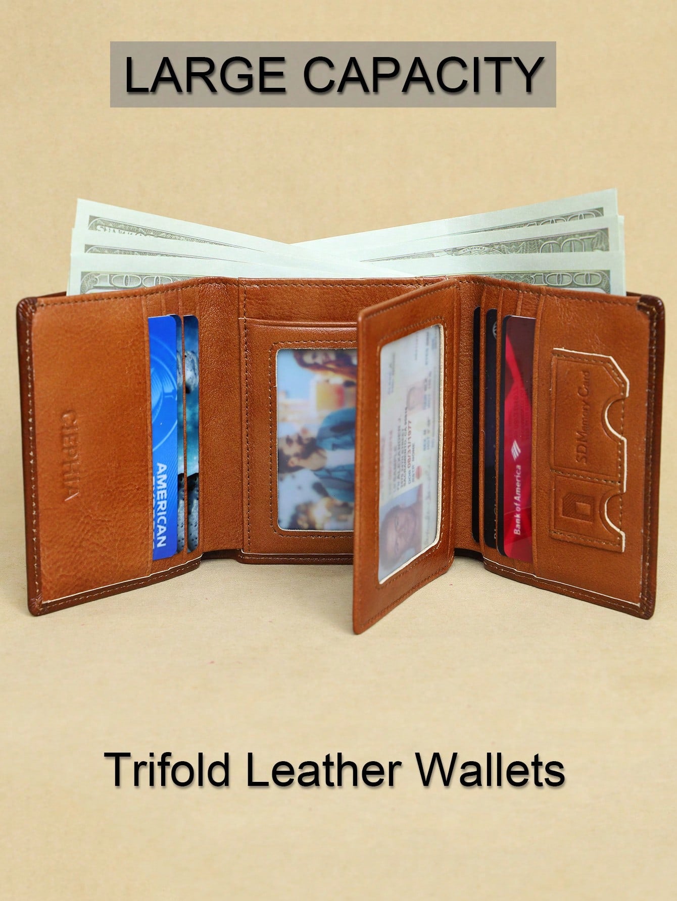 Premium Men Leather Trifold Wallet - Secure ID Window With RFID Blocking -  Genuine Leather, Large Capacity