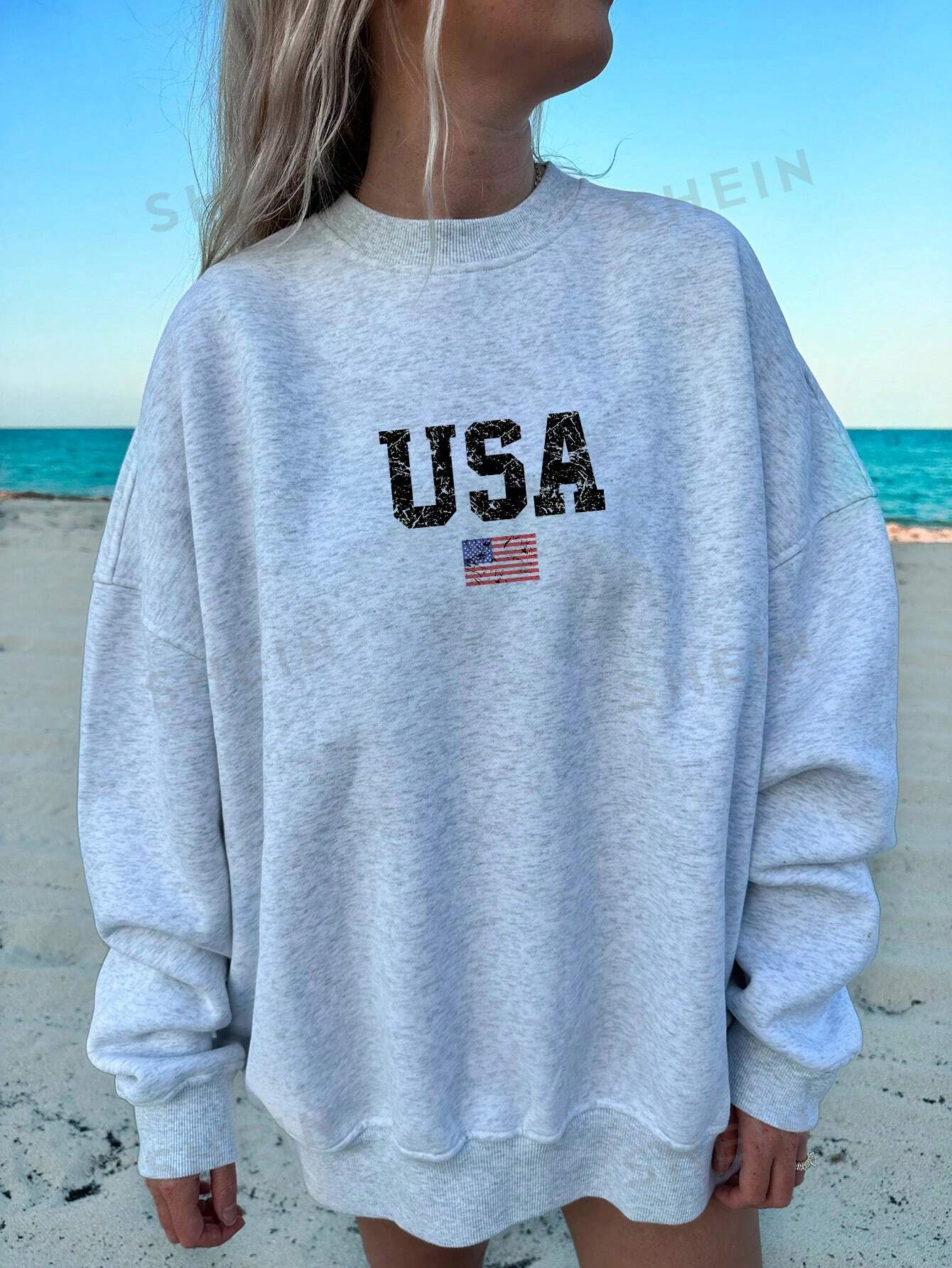 EZwear American Flag Independence Day Casual Simple Print Round Neck Long Sleeve Loose Women's Sweatshirt