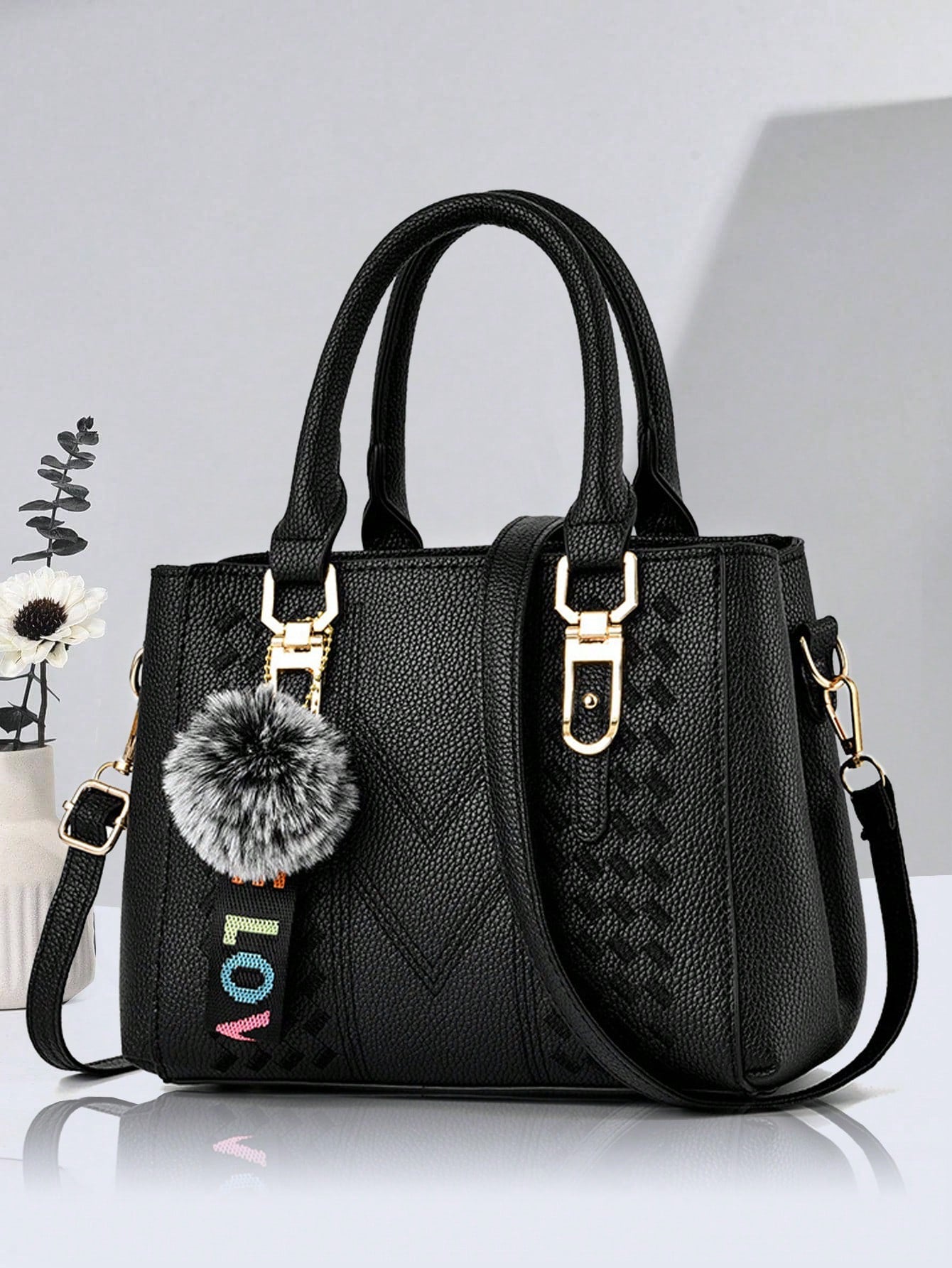 New Shoulder Handbag With Fur Ball Pendant, Casual Style, Mother's Day Gift For Mom, Must-Have For Mom, Perfect For Office, College, Work, Business, Commuting, Outdoor, Travel, Outing