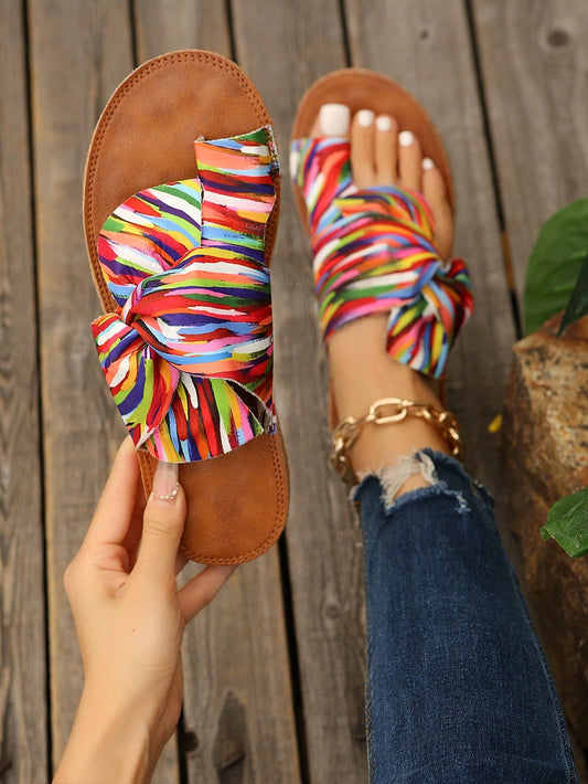 Rainbow Bow Tie Women's Flat Sandals Comfortable Massage Insole Multicolored Beach Sandals