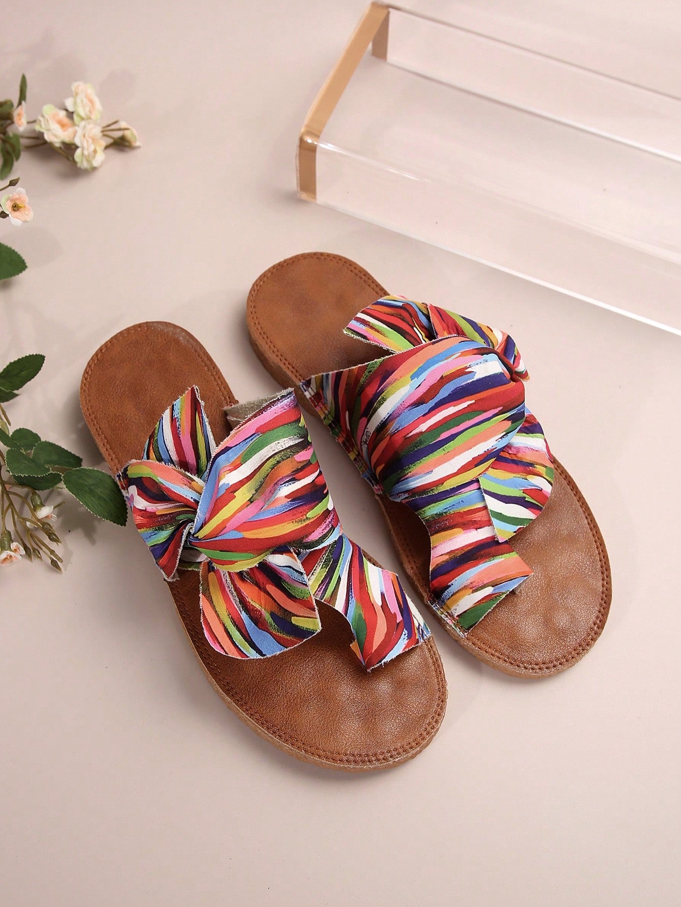 Rainbow Bow Tie Women's Flat Sandals Comfortable Massage Insole Multicolored Beach Sandals