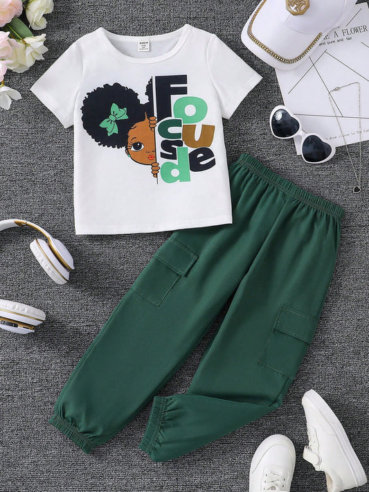 Summer Young Girls' Letter Cartoon Printed Round Neck Short Sleeve Casual T-Shirt And Jogger Pants Set