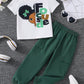 Summer Young Girls' Letter Cartoon Printed Round Neck Short Sleeve Casual T-Shirt And Jogger Pants Set