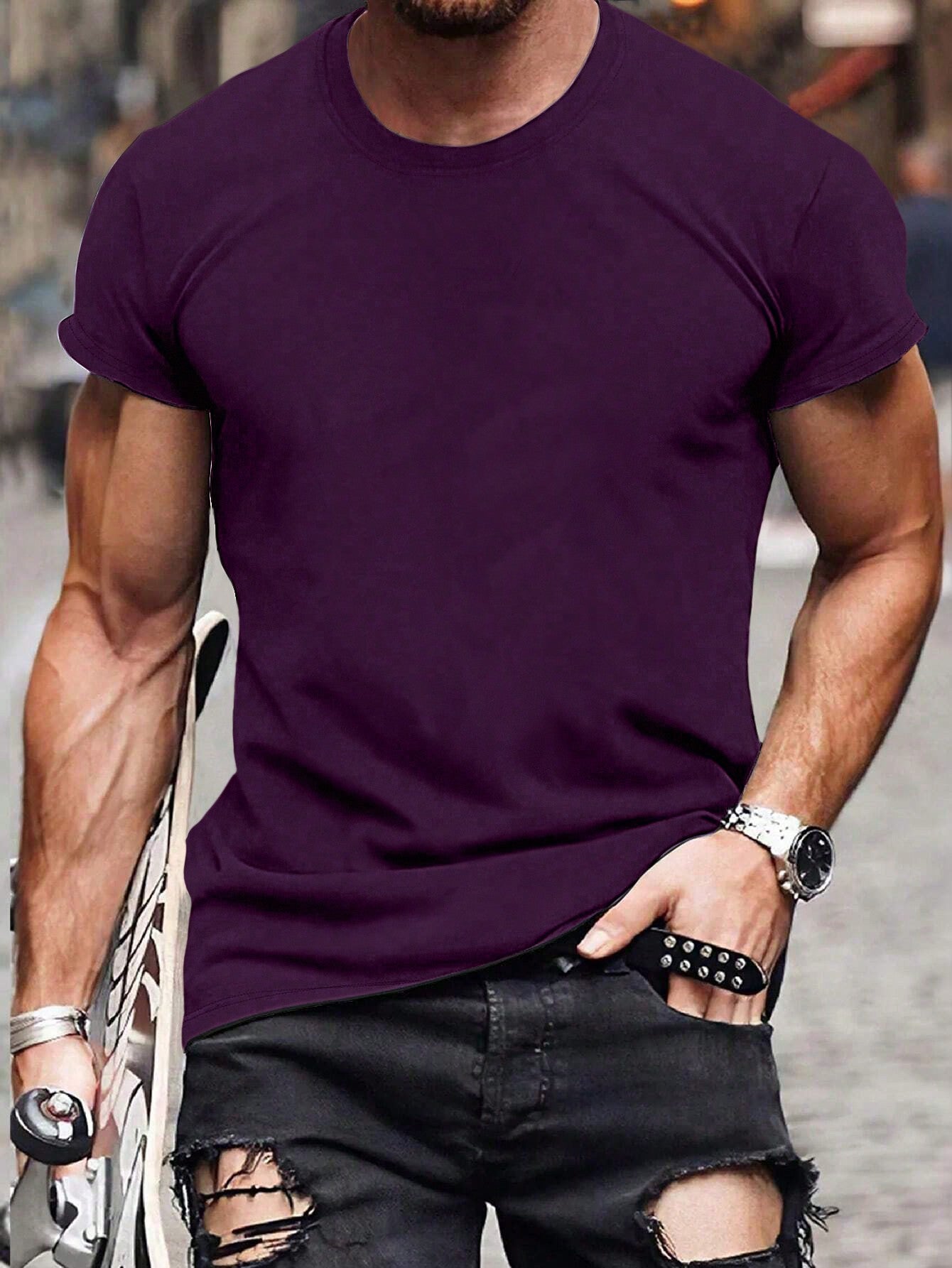 Manfinity Homme Men's Solid Color Round Neck Short Sleeve T-Shirt