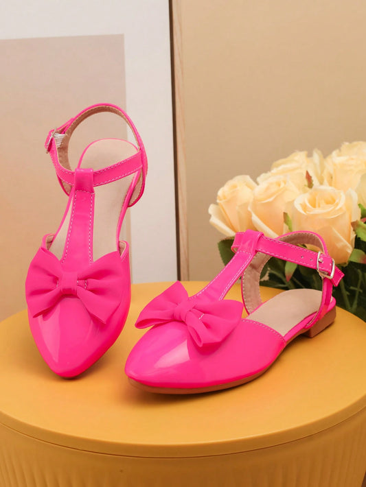 Girls Bow Decor Point Toe Ankle Strap Flats For Party