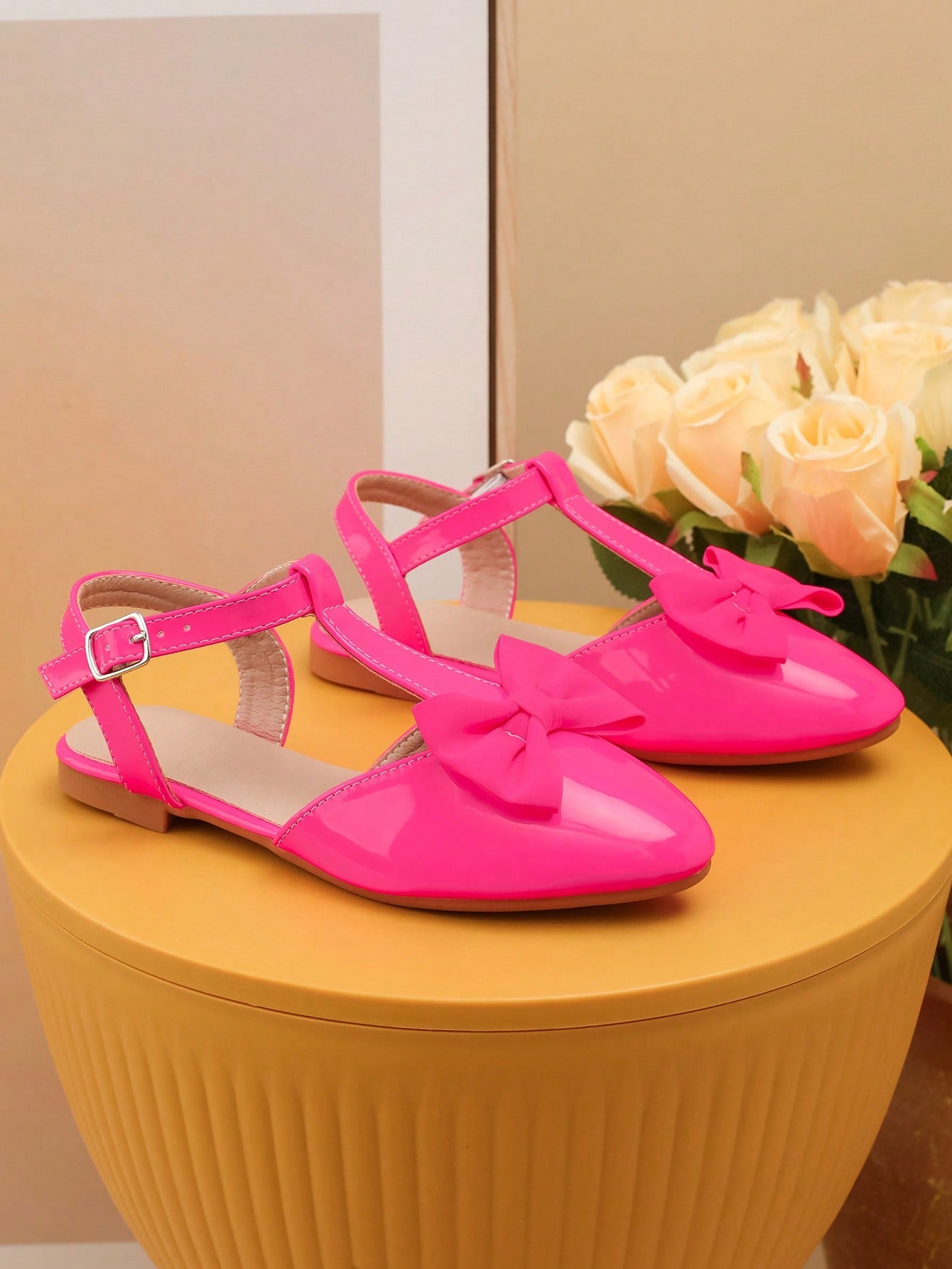 Girls Bow Decor Point Toe Ankle Strap Flats For Party