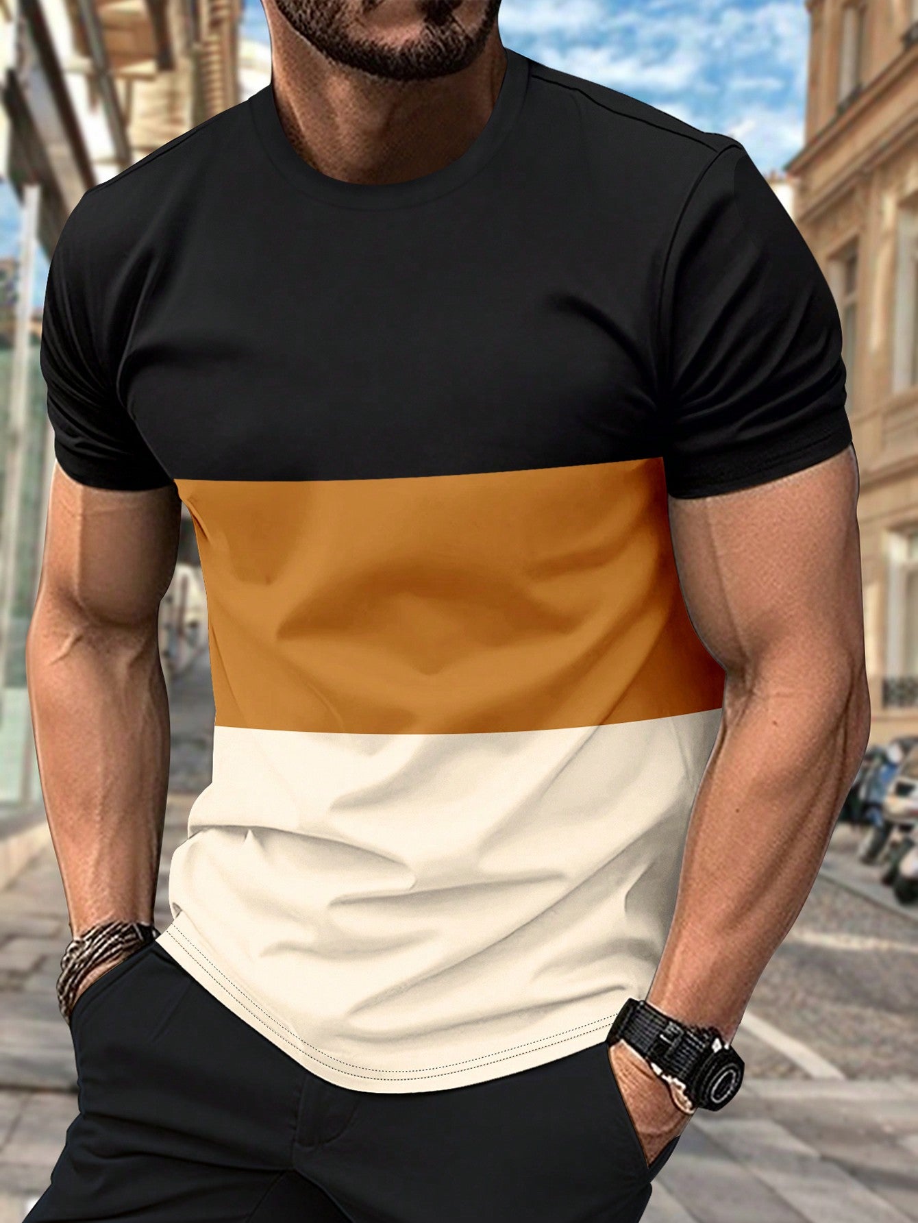 Men's Summer Colorblock T-Shirt, Breathable And Comfortable Casual Sports Fitness Beach Vacation Short Sleeve Tee With Round Neck