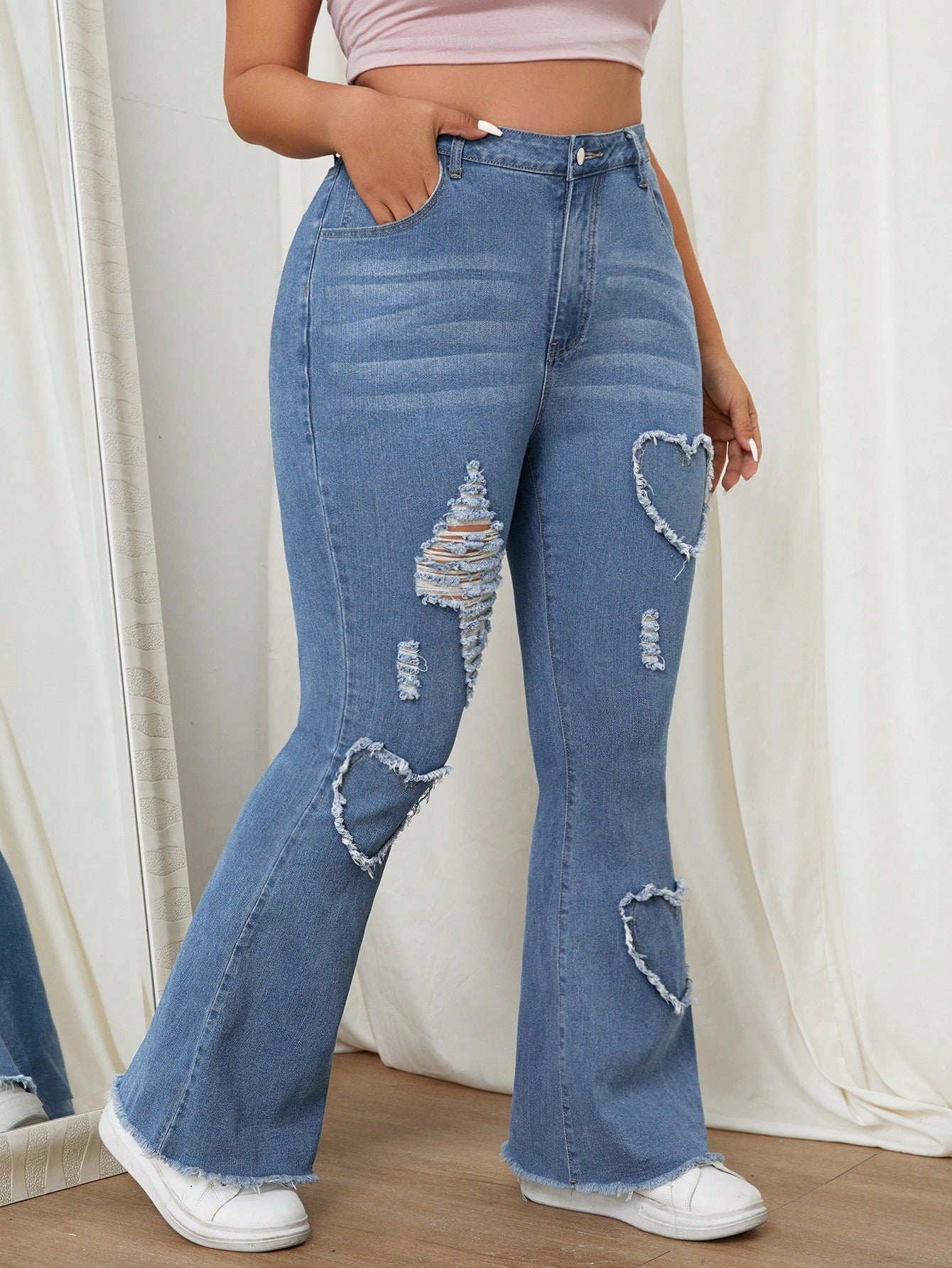 EZwear Plus Size Casual Distressed Frayed Edge Denim Jeans For Daily Wear