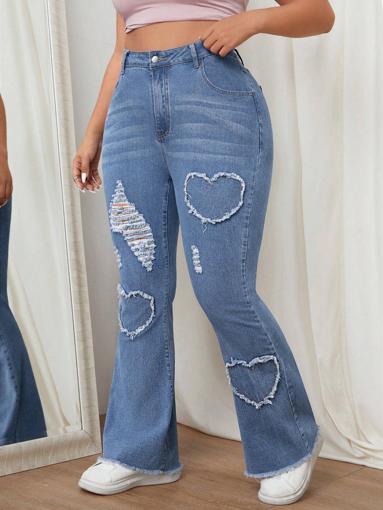 EZwear Plus Size Casual Distressed Frayed Edge Denim Jeans For Daily Wear