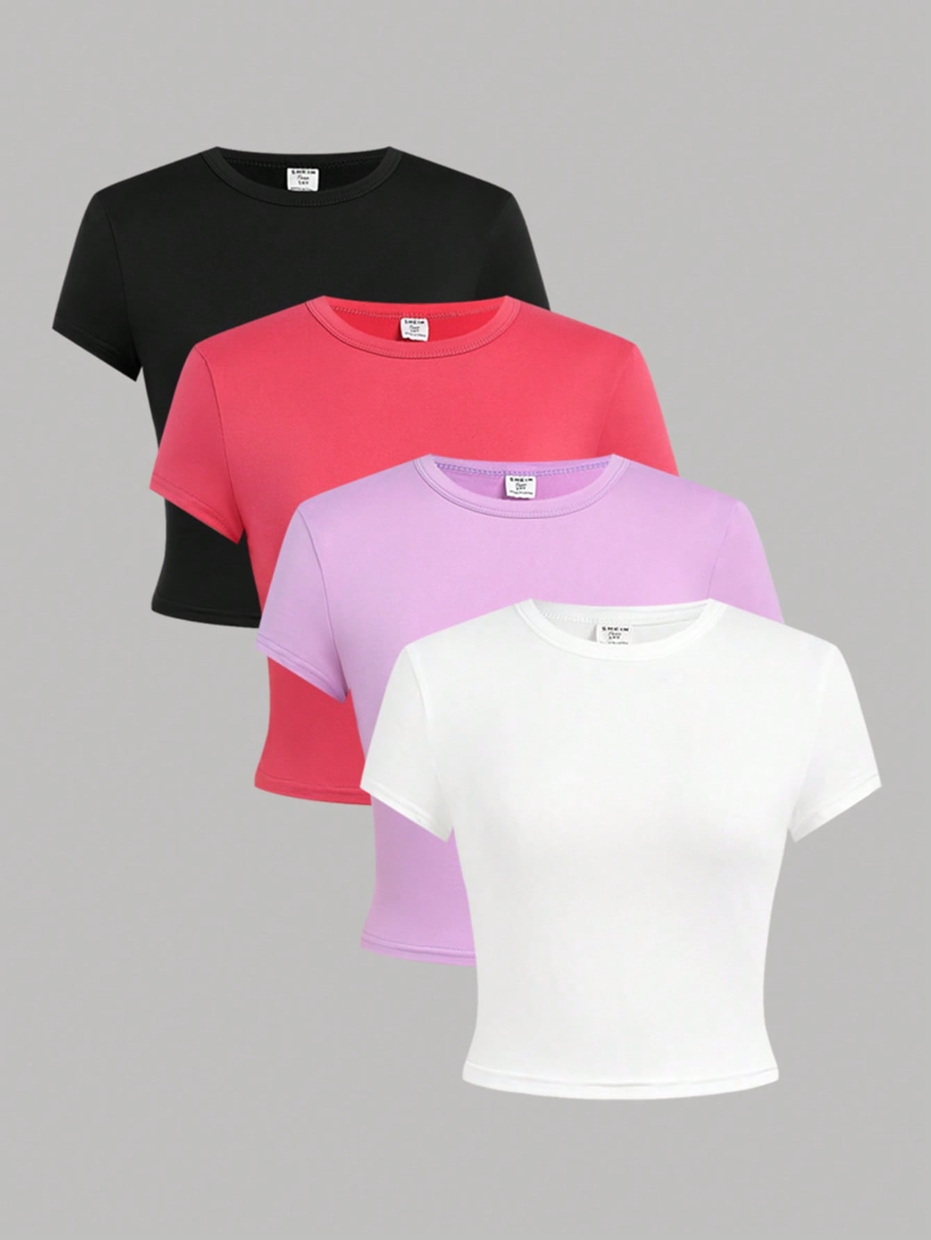 4pcs Teen Girls' Tight-Fitting Knit Solid Color Short Sleeve Casual T-Shirt Set