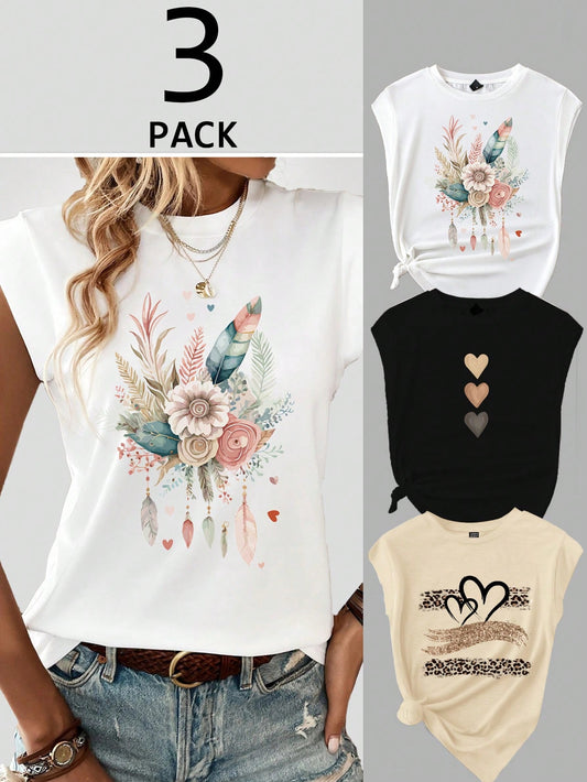 LUNE 3pcs/Set Casual Floral Heart And Leopard Print Round Neck Fitted T-Shirt For Women, Summer