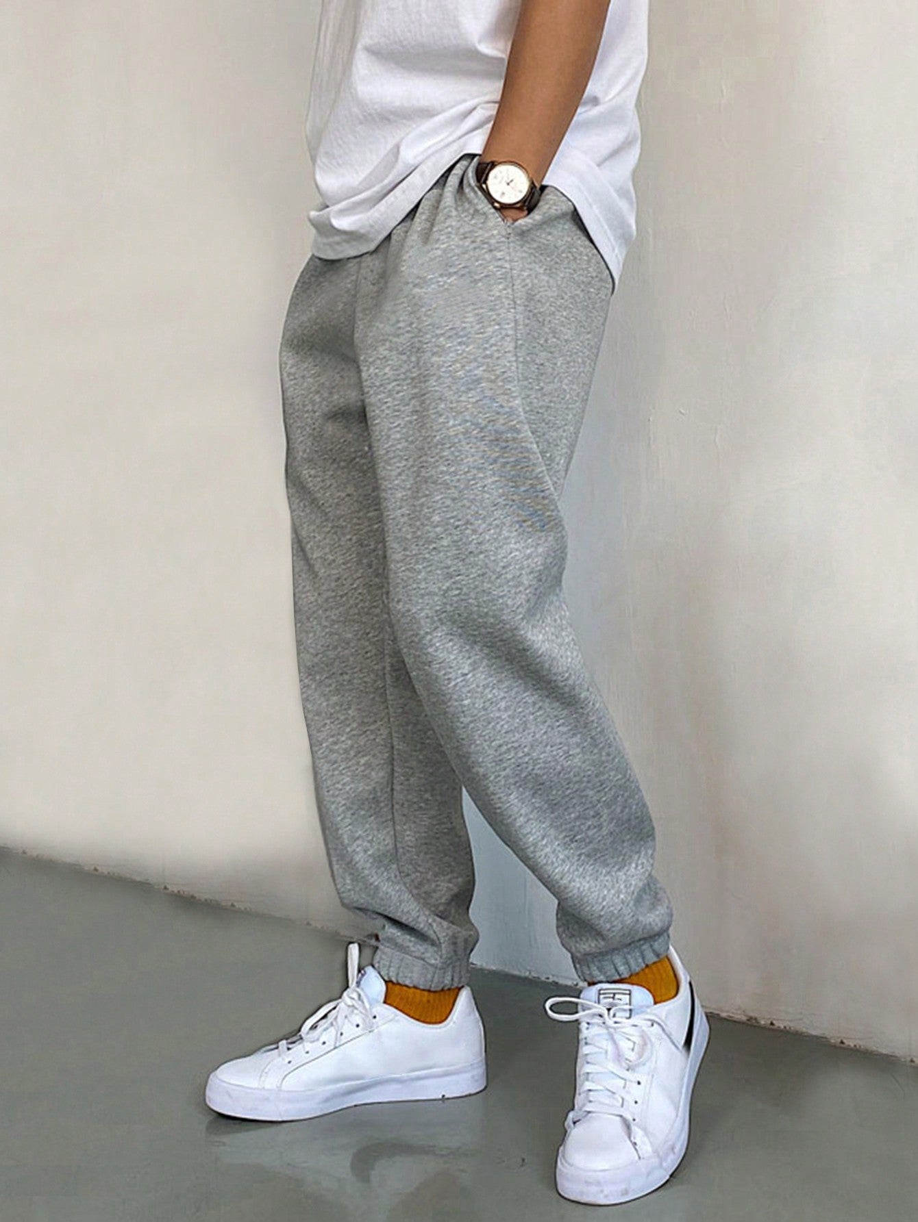 Manfinity Homme Men Slant Pocket Drawstring Waist Sweatpants Long Jogging Pants Plain Light Grey Going Out Casual