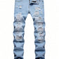 Men Ripped Frayed Bleach Wash Jeans