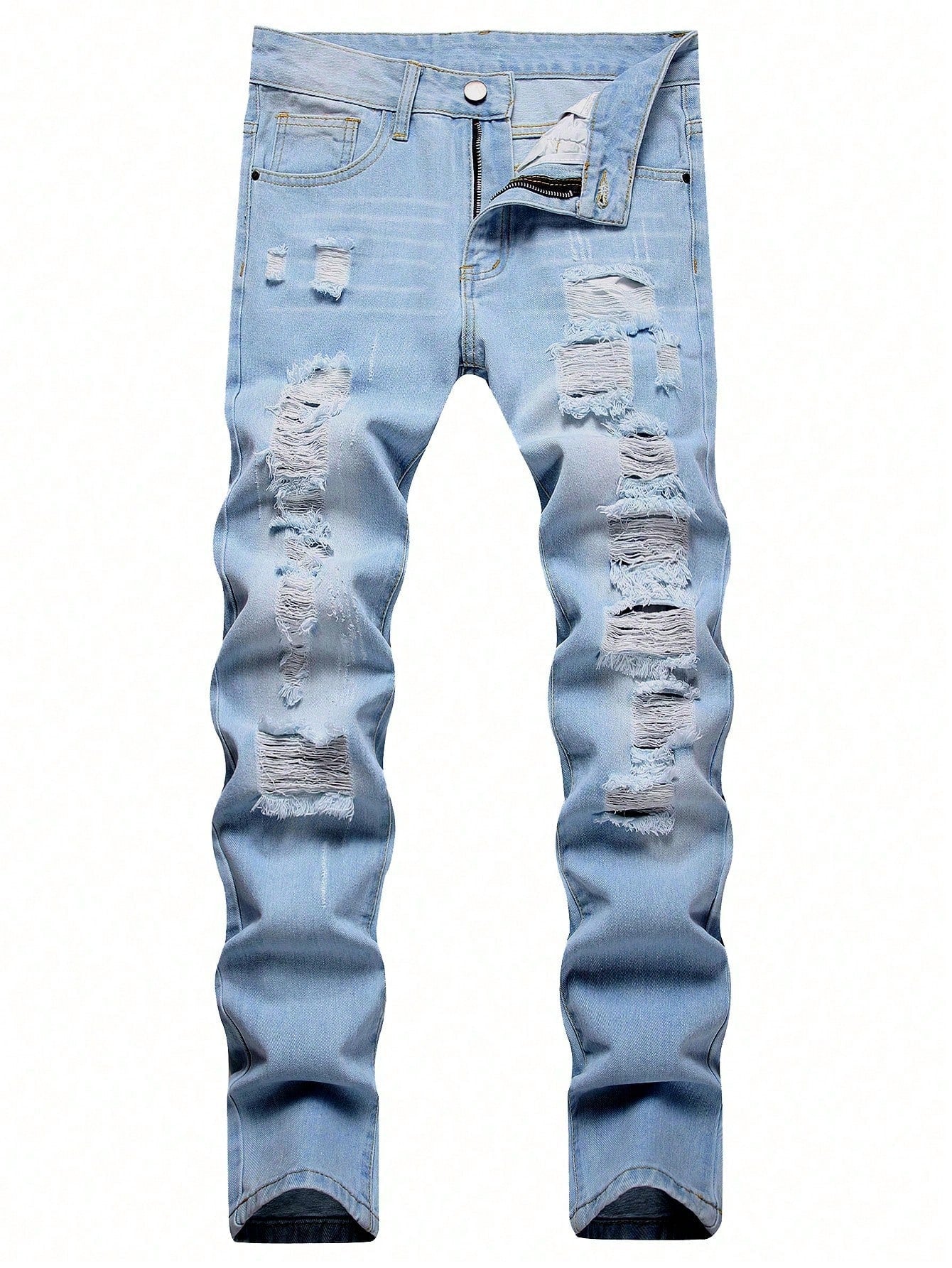 Men Ripped Frayed Bleach Wash Jeans