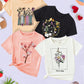 4pcs/Set Young Girl Casual Holiday Summer Floral Printed T-Shirt With Daisy, Colored Flowers And Book Printed Patterns, Perfect For Back To School Season, Black