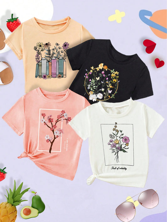 4pcs/Set Young Girl Casual Holiday Summer Floral Printed T-Shirt With Daisy, Colored Flowers And Book Printed Patterns, Perfect For Back To School Season, Black