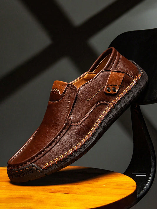 Men Casual Driving Loafers With Double-Layer Leather Upper, Slip-On Style For Spring/Summer, Soft And Comfortable Leather Shoes