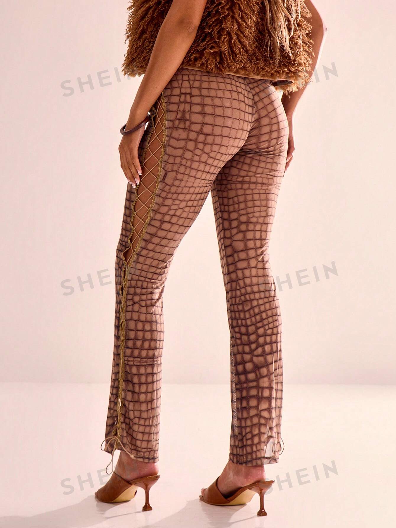 MUSERA Sheer Mesh  Print Lace Up Side Fit Flare Trousers