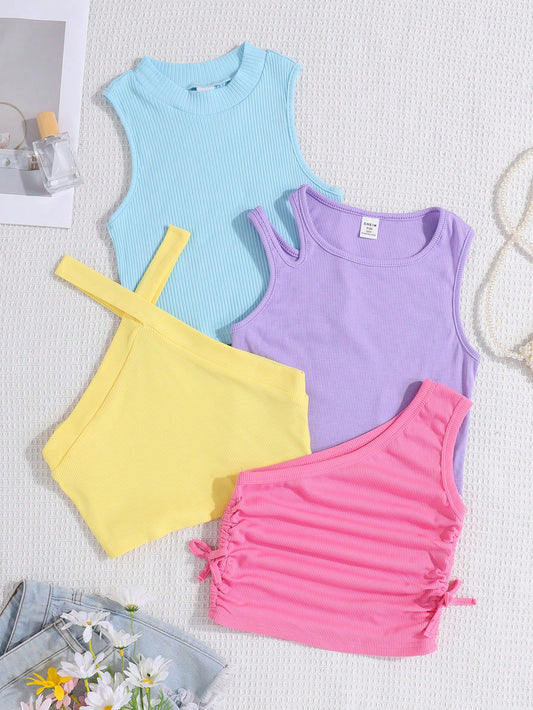 4pcs/Set Knitted  Comfortable Colorful Tank Top For Tween Girls