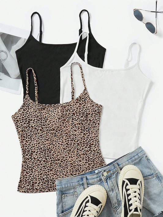 EZwear 3pcs Women Casual Leopard Print Camisole Crop Top, Summer