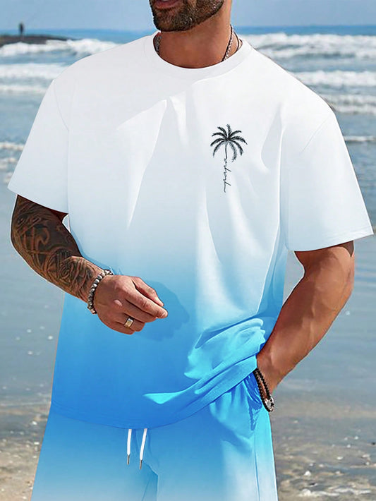 Manfinity RSRT Men's Summer Holiday Palm Tree Printed Round Neck Casual Short Sleeve T-Shirt