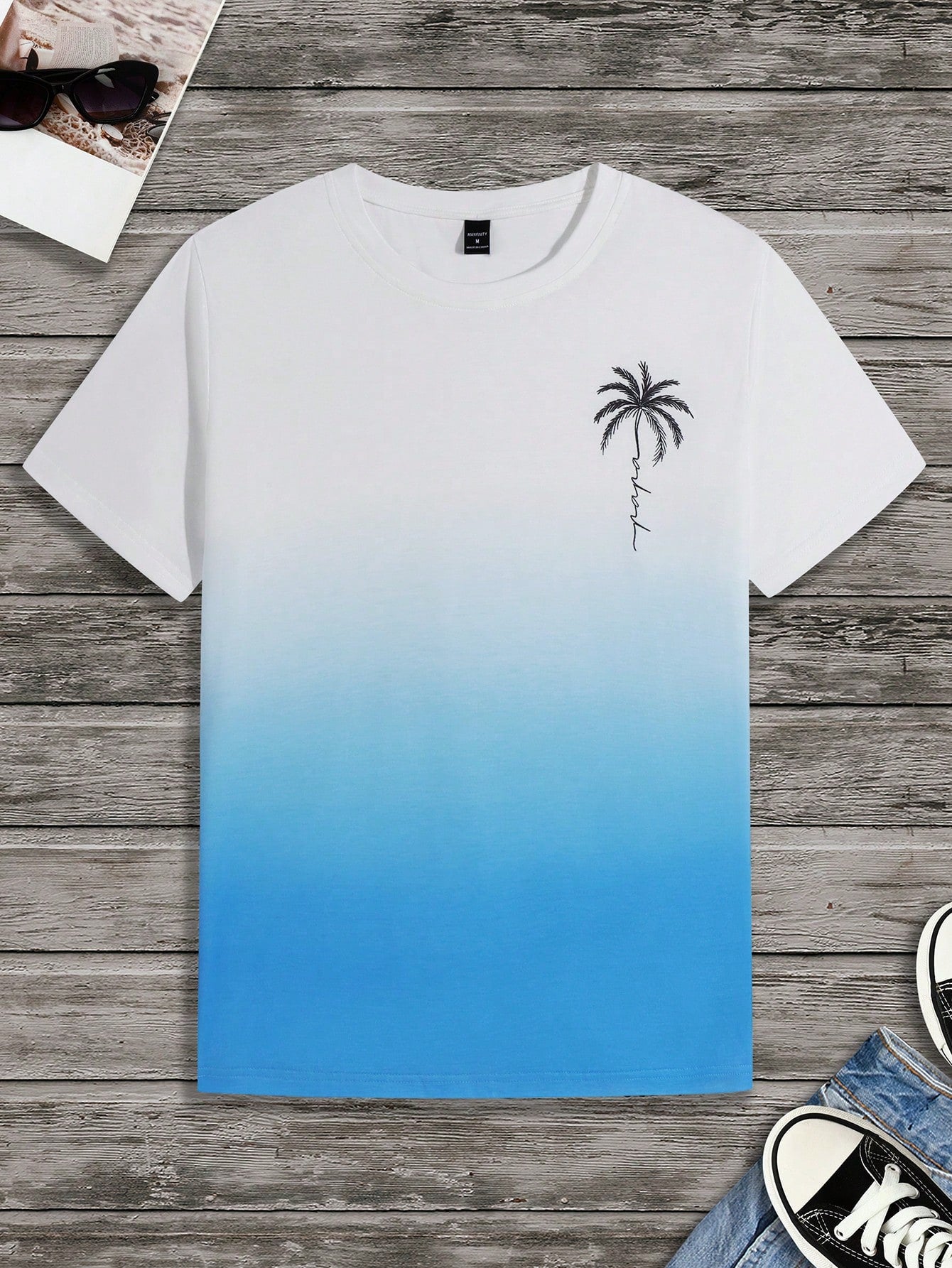 Manfinity RSRT Men's Summer Holiday Palm Tree Printed Round Neck Casual Short Sleeve T-Shirt