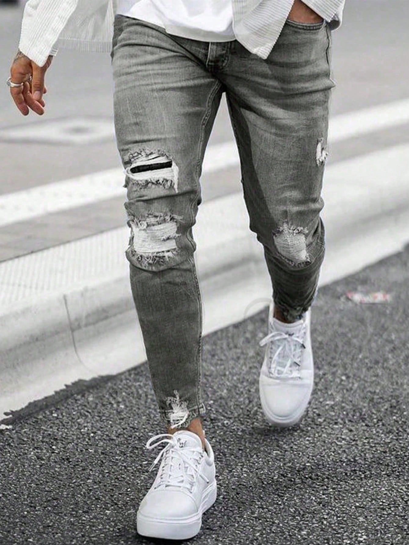 Men Ripped Frayed Bleach Wash Skinny Jeans