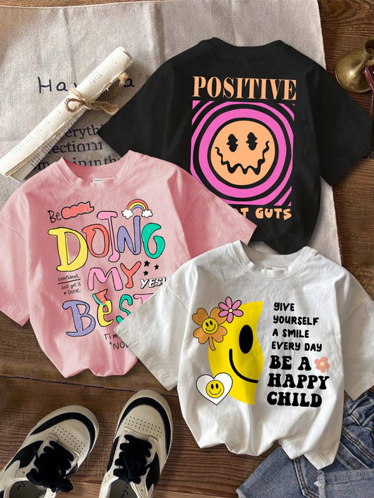 Young Girl Back-To-School Clothes, Cute T-Shirts With Cartoon Smiling Face And English Letter Print, Multicolor (White/Black/Pink) Pack Of Simple Casual Tees Suitable For Summer