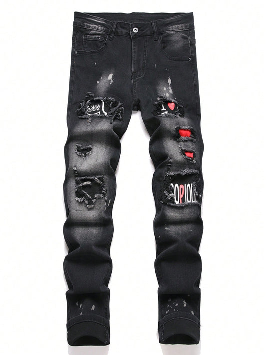 Manfinity LEGND Men Splash Ink Print Ripped Frayed Rag Stitching Jeans