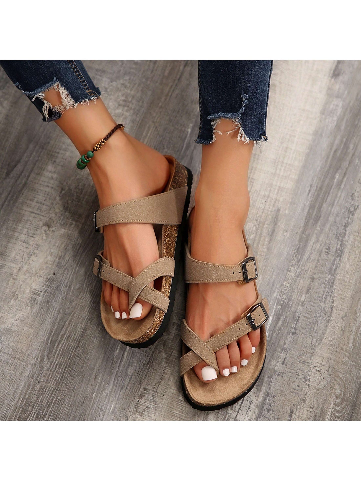 Women's Flat Cork Sandals, Summer Sandals Toe Loop Cross Strap, Retro Style