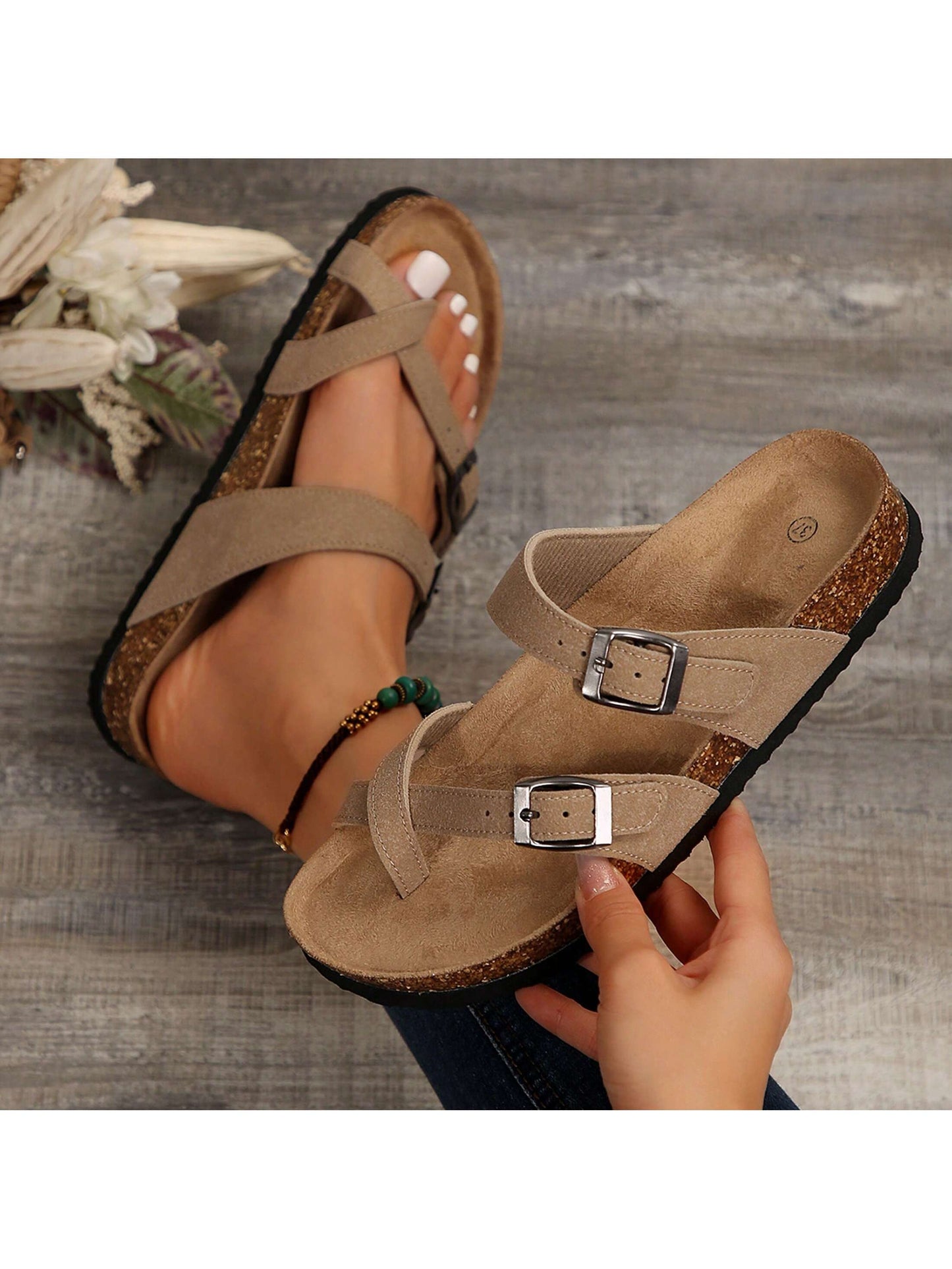 Women's Flat Cork Sandals, Summer Sandals Toe Loop Cross Strap, Retro Style