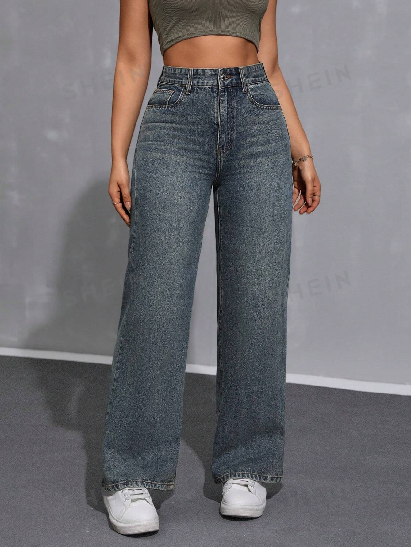 Women's Loose Fit Casual Denim Wide Leg Pants With Pockets